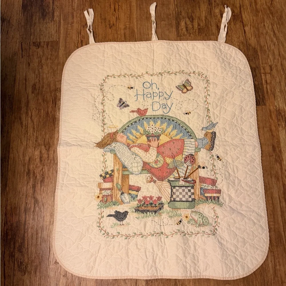 Vintage Cross Stitch Wall Hanging “Oh Happy Day” Cottage Large 45” Fabric Art